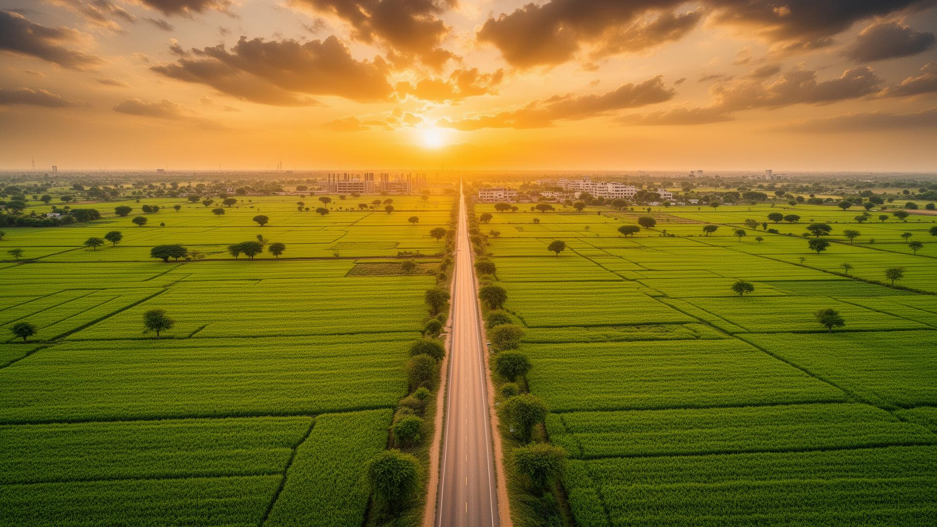 Aerial view of green farmland in Haryana at sunset